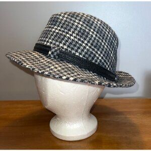 Vintage Houndstooth Fedora Hat 7 1/4 Size Black & White Wool Blend Lined Retro S